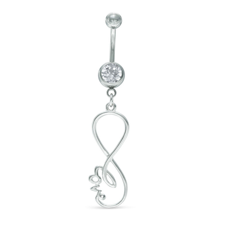 014 Gauge Crystal Infinity with "love" Dangle Belly Button Ring in Stainless Steel