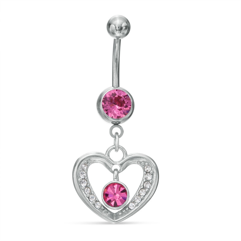 014 Gauge Heart Dangle Belly Button Ring with Pink and White Crystals in Stainless Steel