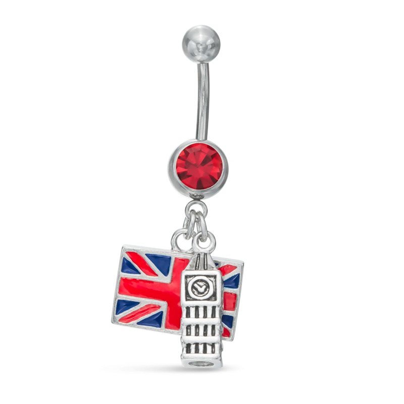 014 Gauge British Flag and Big Ben Dangle Belly Button Ring with Red Crystal in Stainless Steel