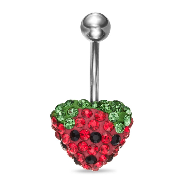 014 Gauge Crystal Heart-Shaped Strawberry Belly Button Ring in Stainless Steel