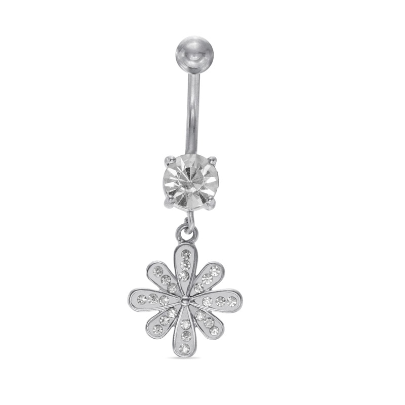 014 Gauge Crystal Flower Dangle Belly Button Ring in Stainless Steel