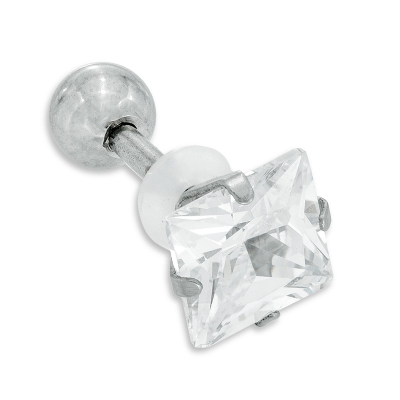 018 Gauge Princess-Cut Cubic Zirconia Solitaire Cartilage Barbell in Stainless Steel - 5/16"
