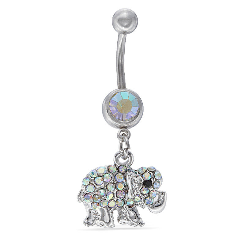 014 Gauge Iridescent Crystal Elephant Dangle Belly Button Ring in Stainless Steel