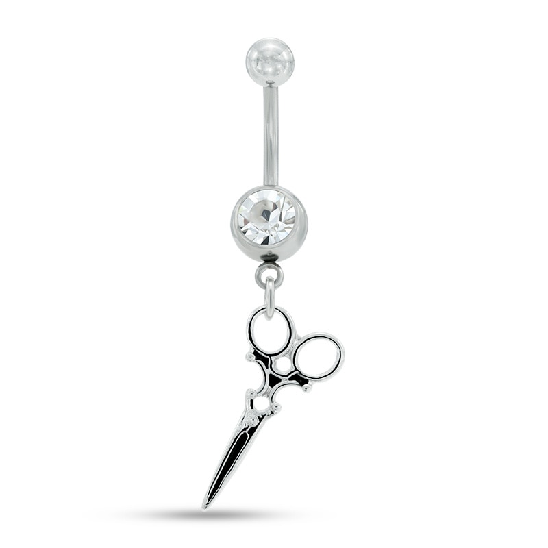 014 Gauge Cubic Zirconia Scissors Dangle Belly Button Ring in Stainless Steel