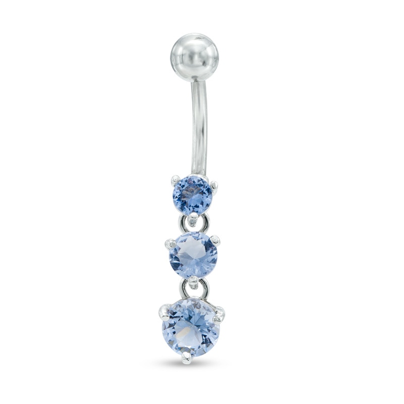 014 Gauge Blue Cubic Zirconia Three Stone Dangle Belly Button Ring in Stainless Steel