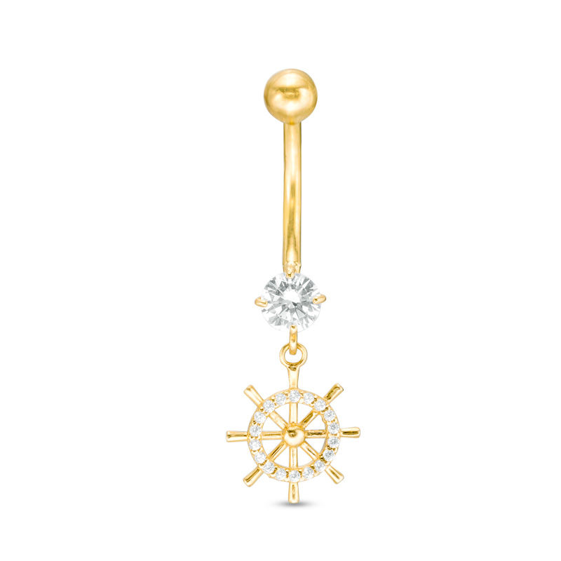 014 Gauge Cubic Zirconia Helm Dangle Belly Button Ring in 10K Gold