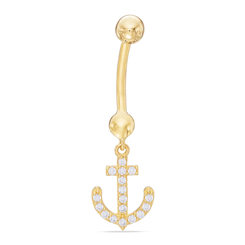 014 Gauge Cubic Zirconia Anchor Dangle Belly Button Ring in 10K Gold
