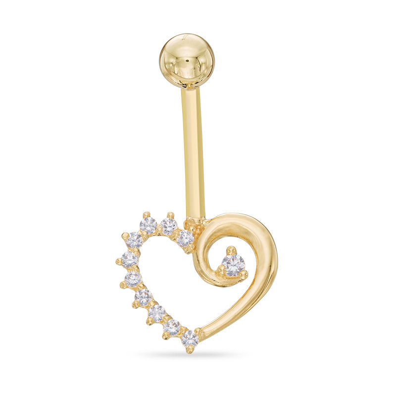 014 Gauge Cubic Zirconia Curly Heart Belly Button Ring in 10K Gold