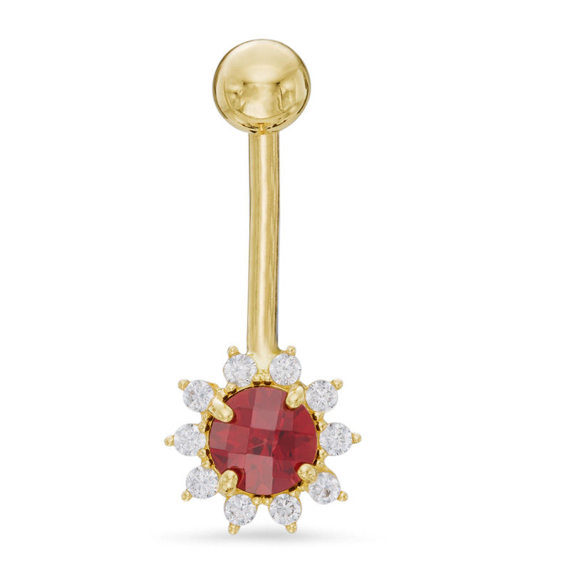 014 Gauge Garnet and Cubic Zirconia Frame Belly Button Ring in 10K Gold