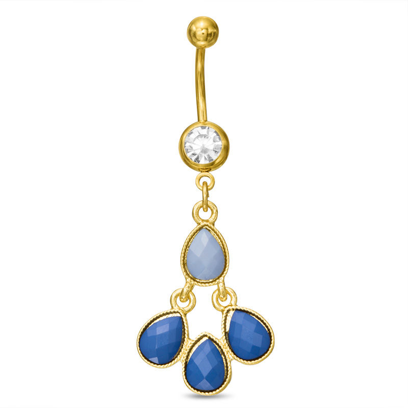 014 Gauge Blue Acrylic Teardrops Dangle Belly Button Ring in Stainless Steel with Yellow IP