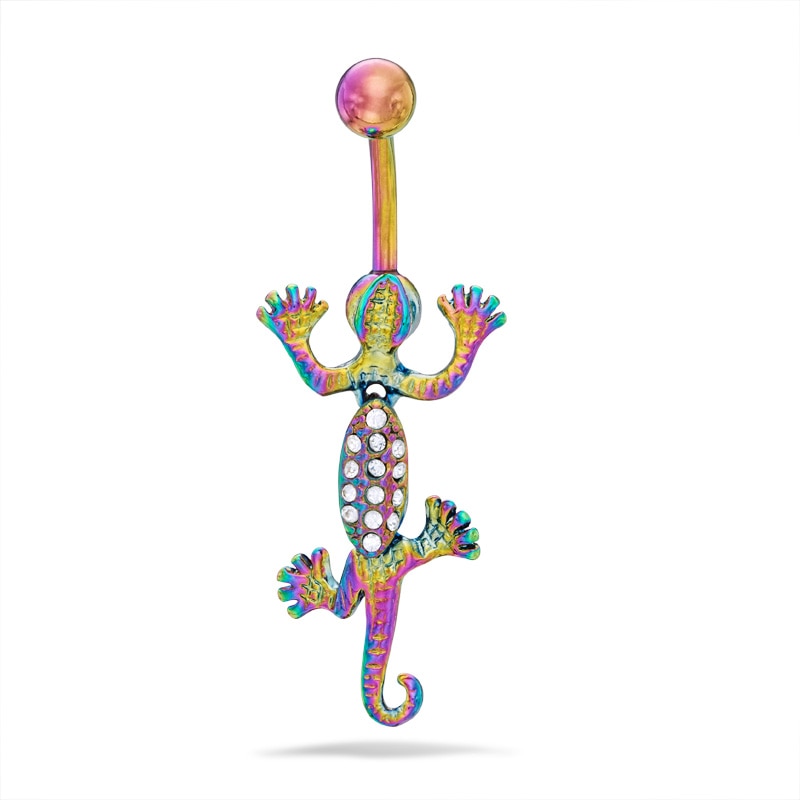 014 Gauge Crystal Lizard Belly Button Ring in Stainless Steel with Rainbow IP