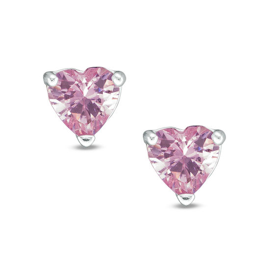 Child's 4mm Heart-Shaped Pink Cubic Zirconia Stud Earrings in Sterling ...