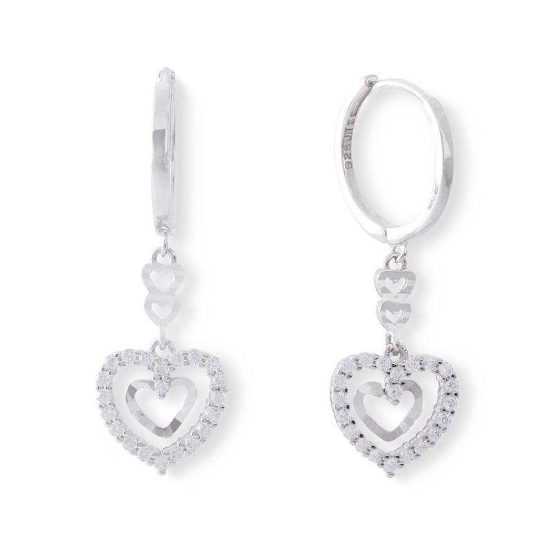 Cubic Zirconia Double Hearts Dangle Drop Earrings in Solid Sterling Silver
