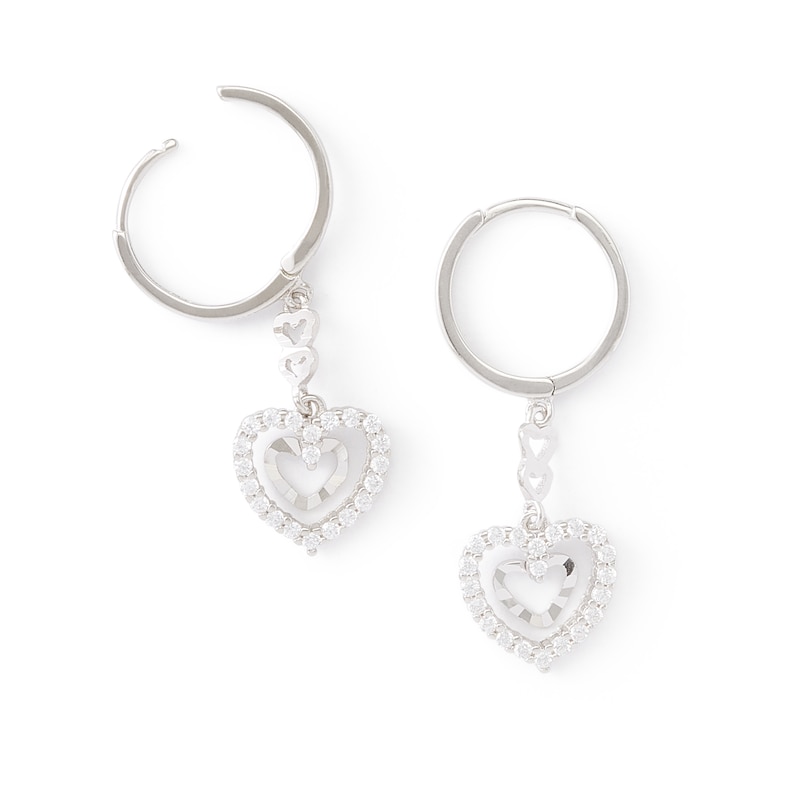 Cubic Zirconia Double Hearts Dangle Drop Earrings in Solid Sterling Silver