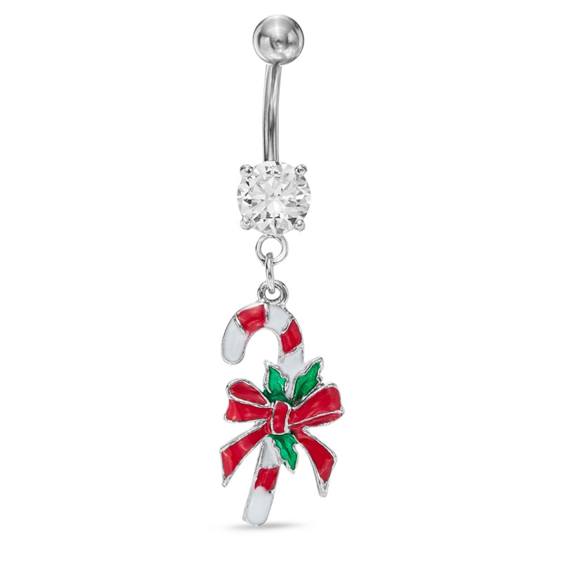 014 Gauge Candy Cane with Bow Dangle Belly Button Ring with Cubic Zirconia in Stainless Steel