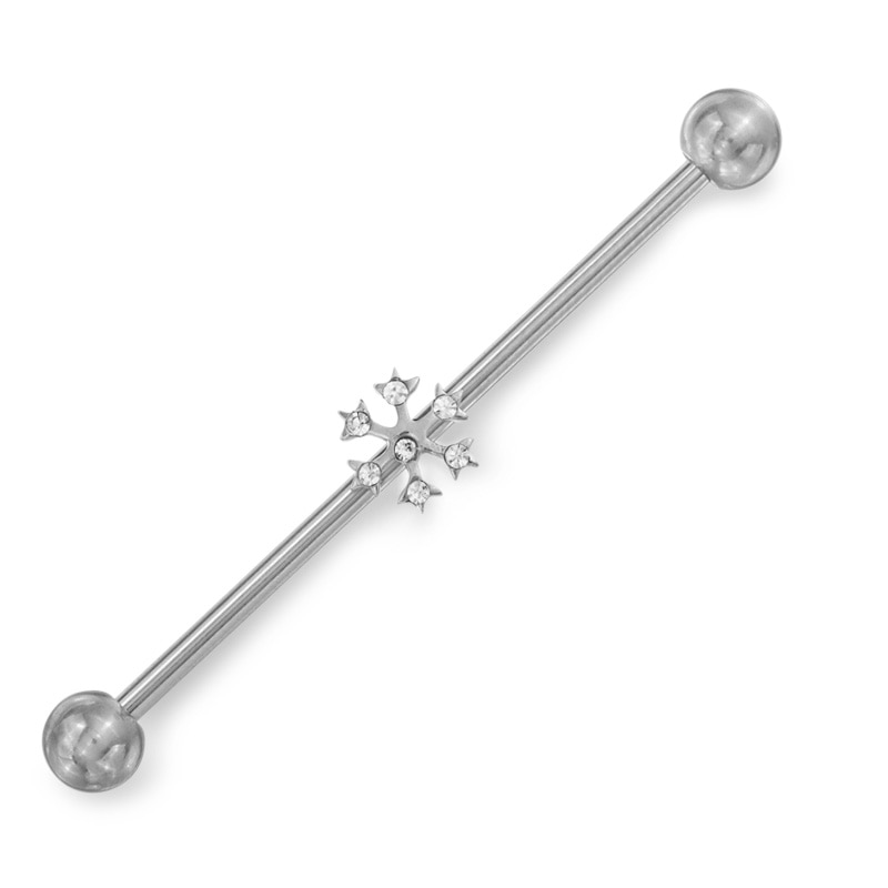 014 Gauge Snowflake with Crystals Industrial Barbell in Stainless Steel - 1-3/8"