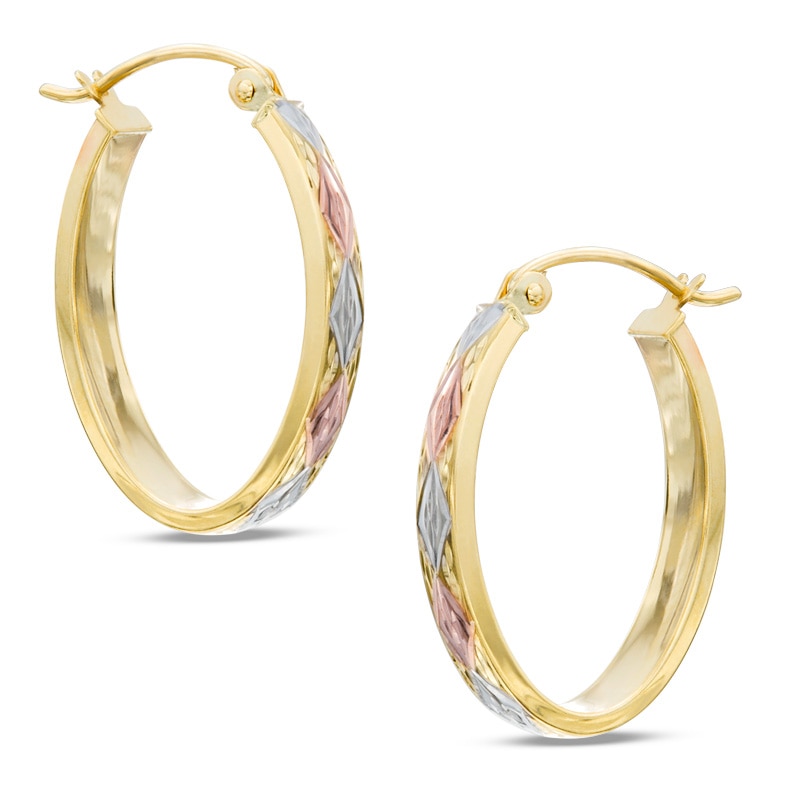 Oval Diamond-Cut Tri-Tone Hoop Earrings in 10K Tube Hollow Gold
