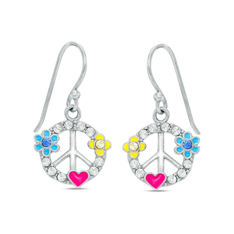 Child's Multi-Color Crystal and Enamel Peace Sign Drop Earrings in Sterling Silver