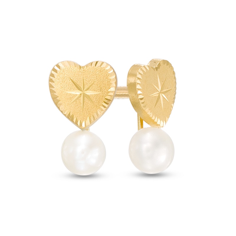 Child's 2.5mm Cultured Freshwater Pearl Diamond-Cut Heart Drop Earrings in 14K Gold