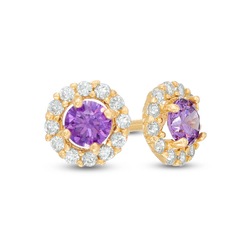 Child's 4mm Purple and White Cubic Zirconia Frame Stud Earrings in 14K Gold