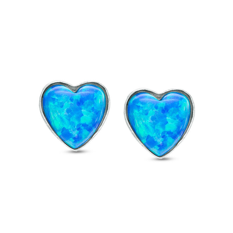 Child's Heart-Shaped Simulated Blue Opal Stud Earrings in Sterling Silver