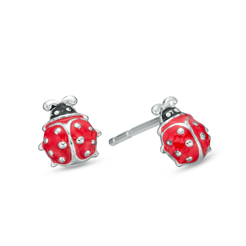 Child's Red Enamel Ladybug Stud Earrings in Sterling Silver