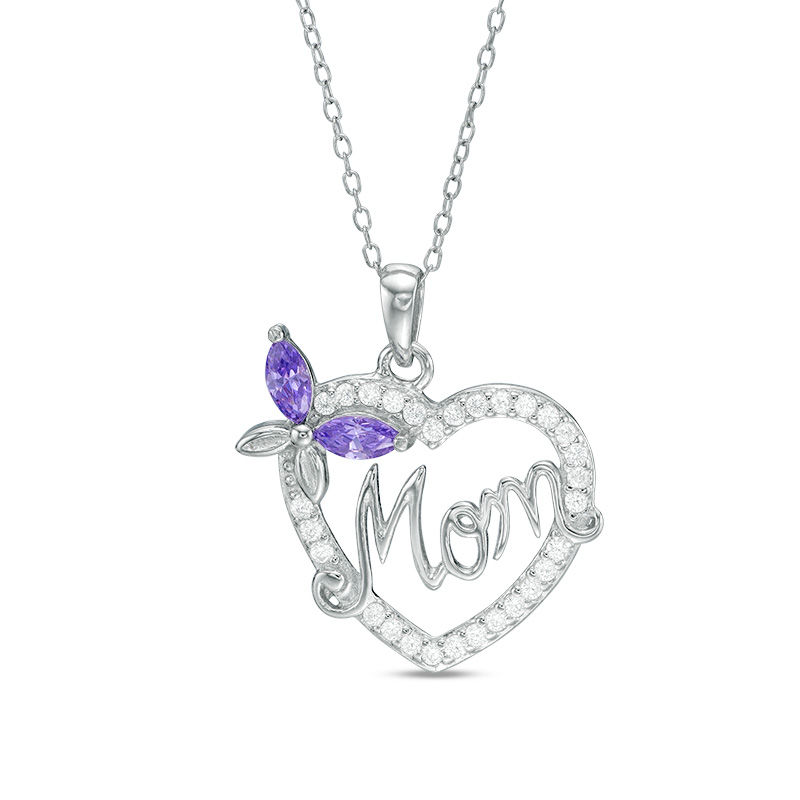 Purple Cubic Zirconia Butterfly "Mom" Heart Pendant in Sterling Silver