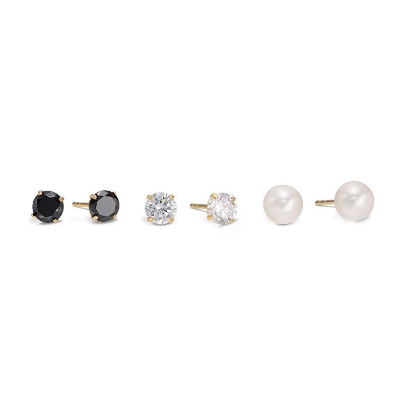 5mm Cultured Freshwater Pearl, Black and White Cubic Zirconia Solitaire Three Pair Stud Earrings Set in 10K Gold