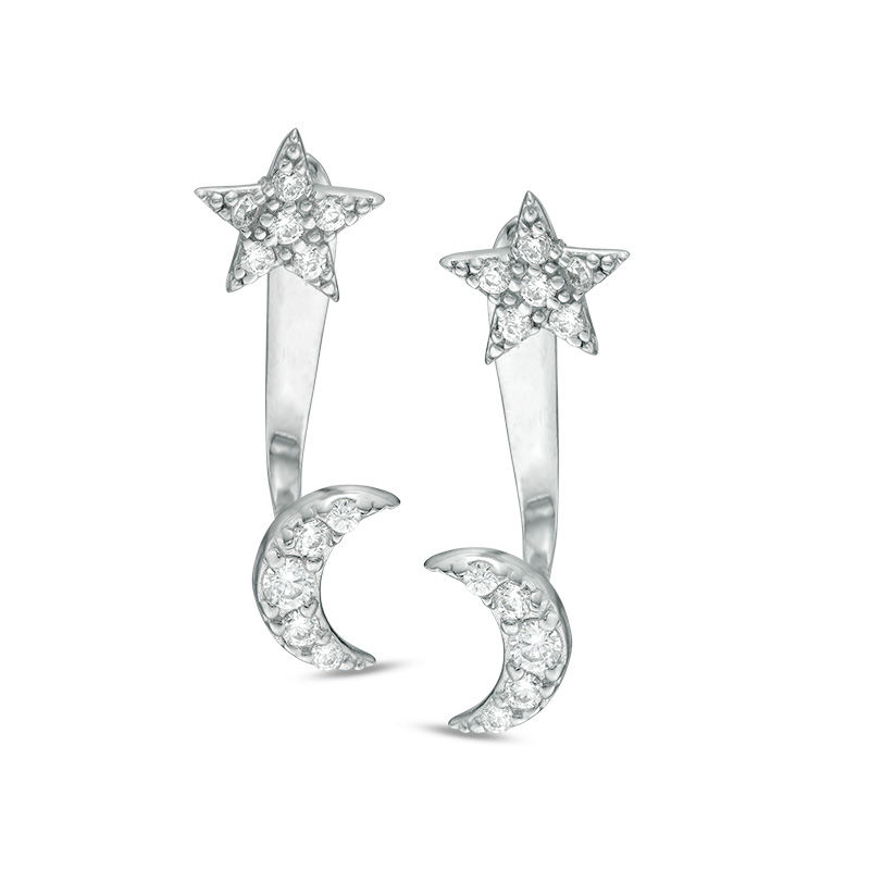Cubic Zirconia Star and Moon Stud Earring with Drop Jackets in Sterling Silver