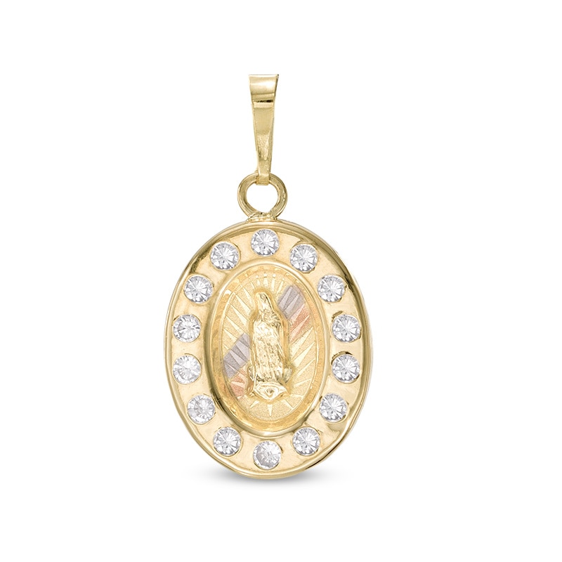 Cubic Zirconia Our Lady of Guadalupe Diamond-Cut Oval Necklace Charm in 10K Tri-Tone Gold