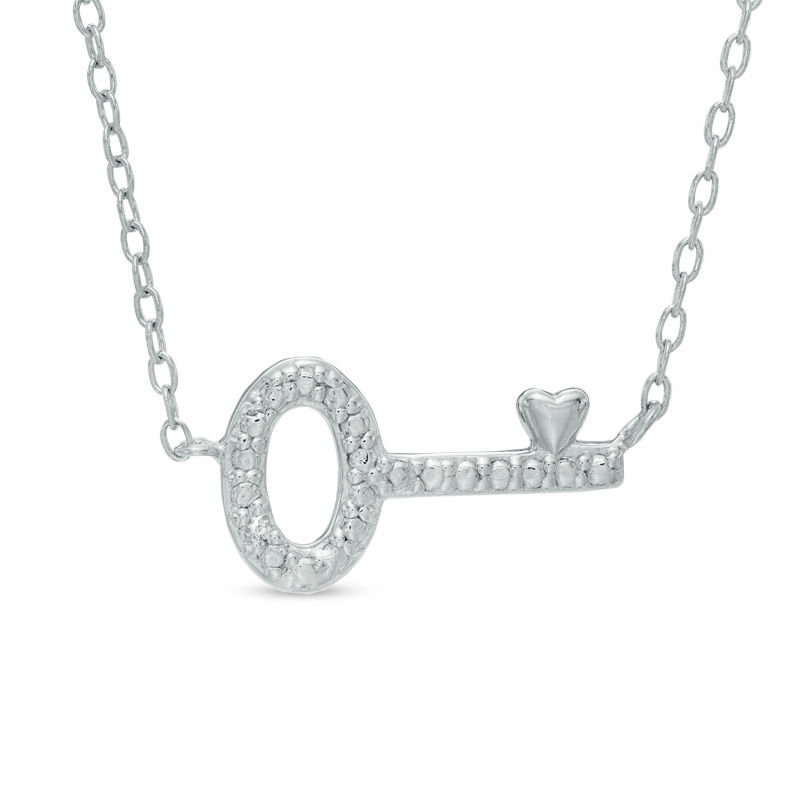 Diamond Accent Beaded Sideways Key Necklace in Sterling Silver