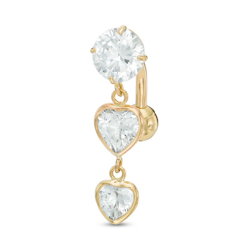 014 Gauge Cubic Zirconia Double Heart Dangle Belly Button Ring in 10K Gold