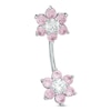 Thumbnail Image 0 of Stainless Steel CZ Pink and White Double Flower Belly Button Ring - 14G