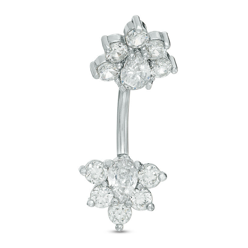Solid Stainless Steel CZ Pear-Shaped Floral Belly Button Ring - 14G