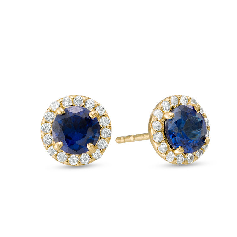 10K Solid Gold Lab-Created Blue and White Sapphire Frame Studs