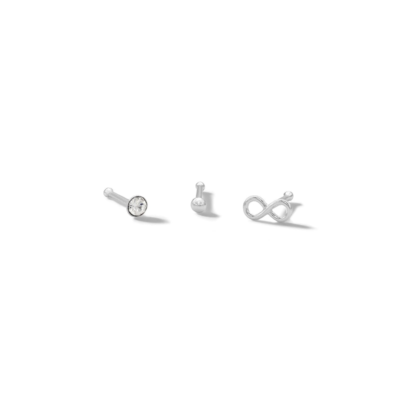 Semi-Solid Sterling Silver Crystal and Infinity Three Piece Nose Stud Set - 22G