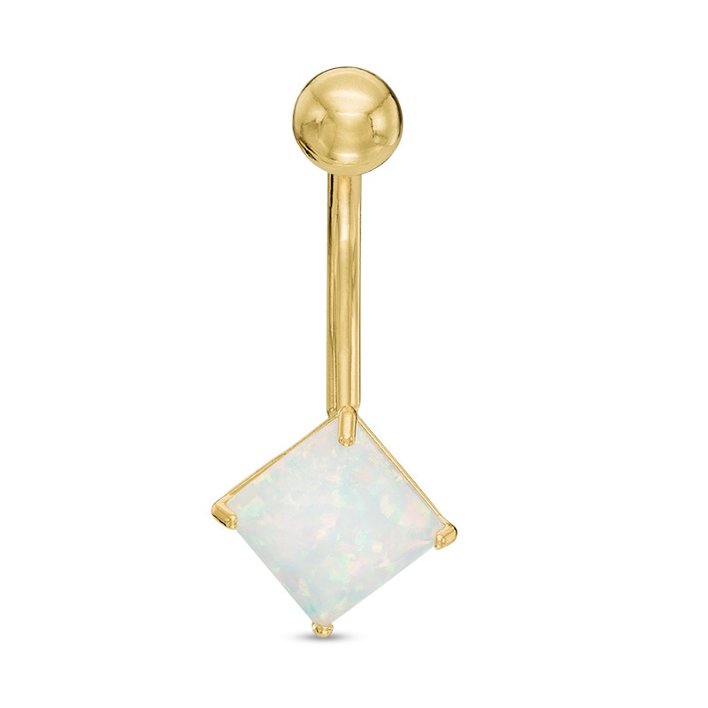 014 Gauge 7.0mm Princess-Cut Simulated Opal Belly Button Ring in 10K Gold
