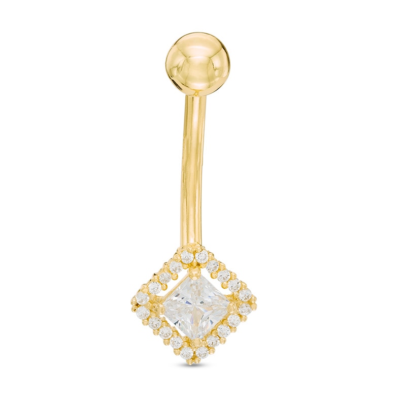 10K Solid Gold Princess-Cut CZ Belly Button Ring - 14G 3/8"