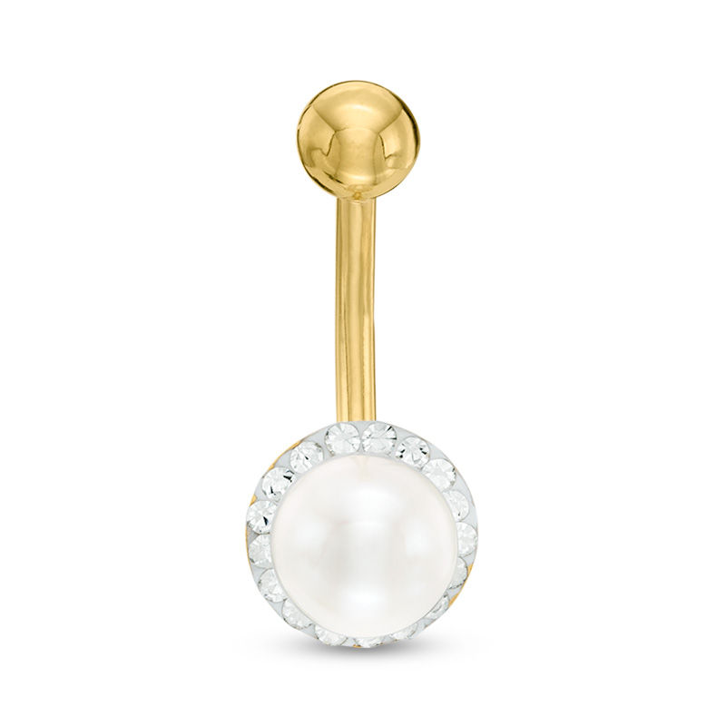 014 Gauge 6mm Cultured Freshwater Pearl and Crystal Frame Belly Button Ring in 10K Gold