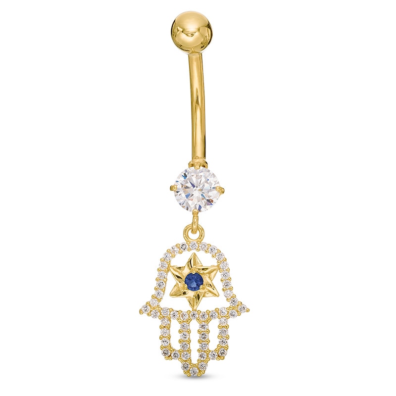014 Gauge Blue and White Cubic Zirconia Star of David Hamsa Dangle Belly Button Ring in 10K Gold