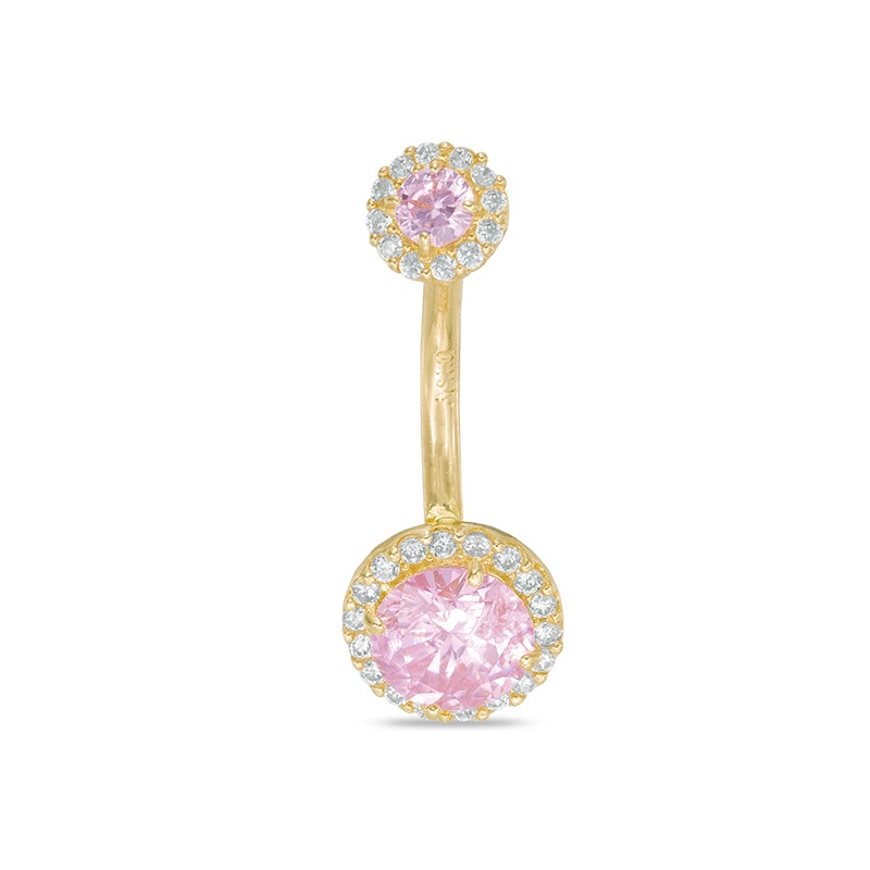 10K Solid Gold Pink and White CZ Frame Belly Button Ring - 14G 3/8"