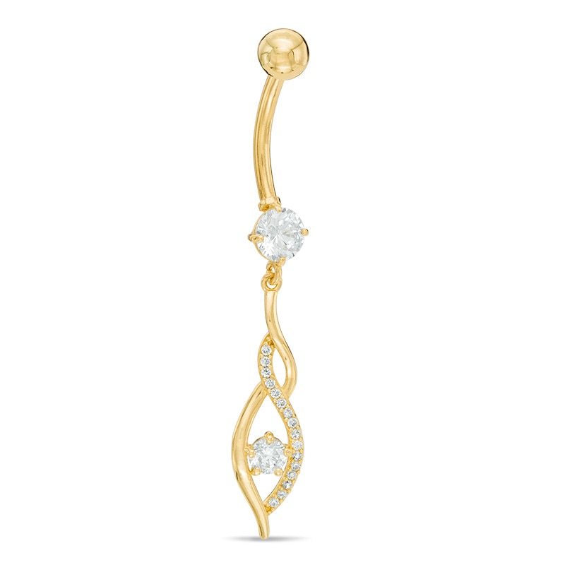 10K Gold CZ Flame Dangle Belly Button Ring - 14G 3/8"