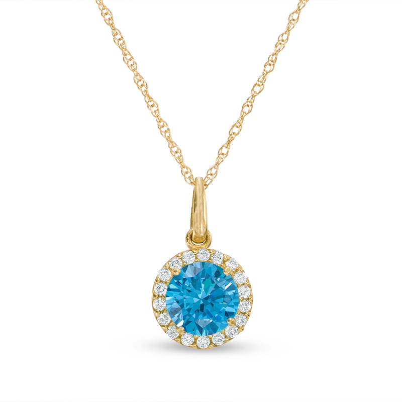 6mm Blue and White Cubic Zirconia Frame Pendant in 10K Gold - 17"