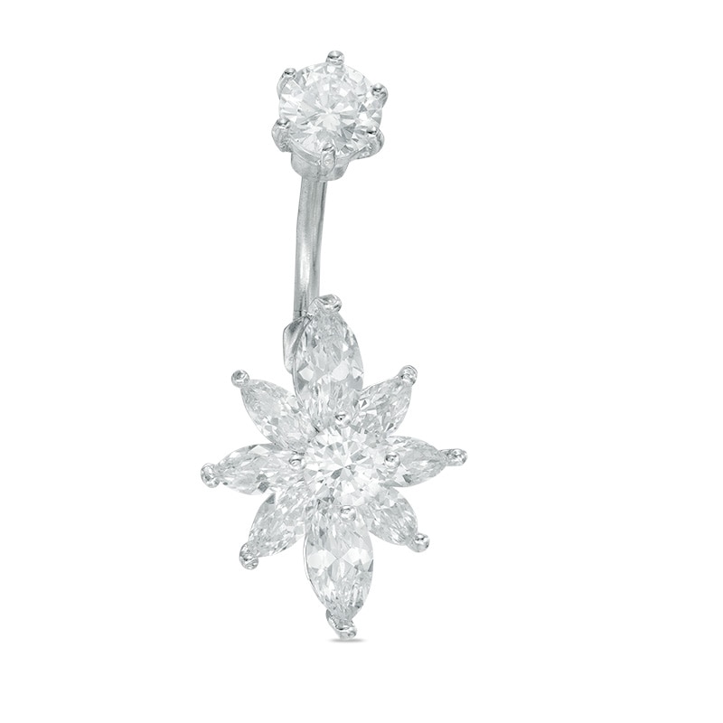 Solid Stainless Steel CZ Sunburst Belly Button Ring - 14G