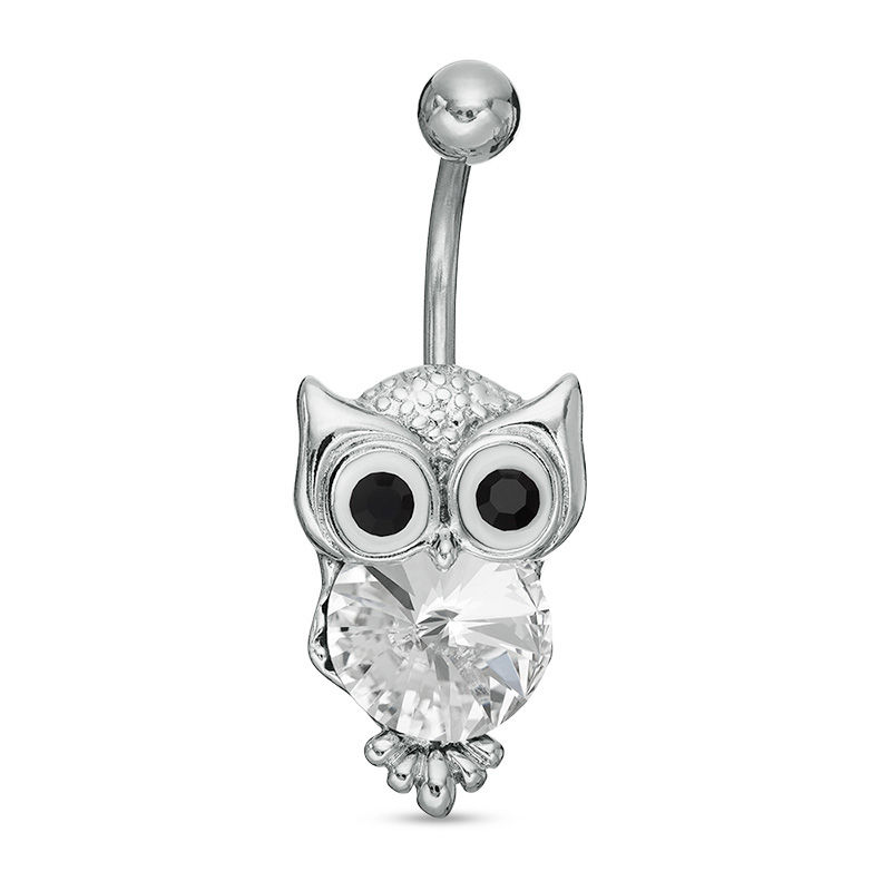 014 Gauge Black and White Cubic Zirconia Owl Belly Button Ring in Stainless Steel