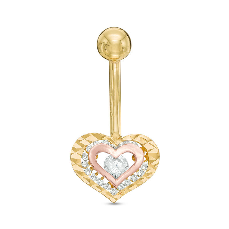 10K Solid Gold CZ Diamond-Cut Two-Tone Heart Belly Button Ring - 14G 3/8"