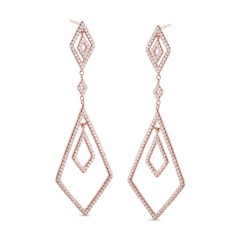 Cubic Zirconia Double Geometric Drop Earrings in Sterling Silver with 14K Rose Gold Plate