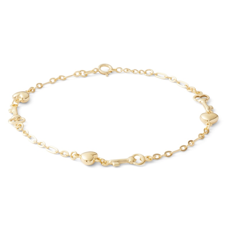 Hollow Puff Heart and Key Link Bracelet in 10K Solid Gold - 7.5"