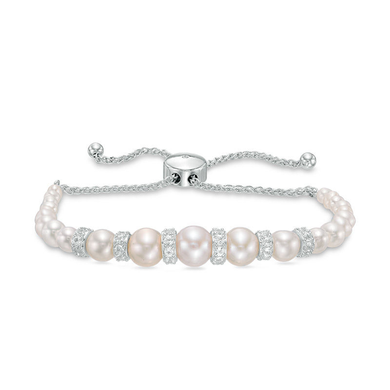 3.0-8.0mm Cultured Freshwater Pearl and Lab-Created White Sapphire Bolo Bracelet in Sterling Silver - 9"
