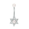 Thumbnail Image 0 of 014 Gauge Faux Pearl and Cubic Zirconia Frame Flower Belly Button Ring in Stainless Steel